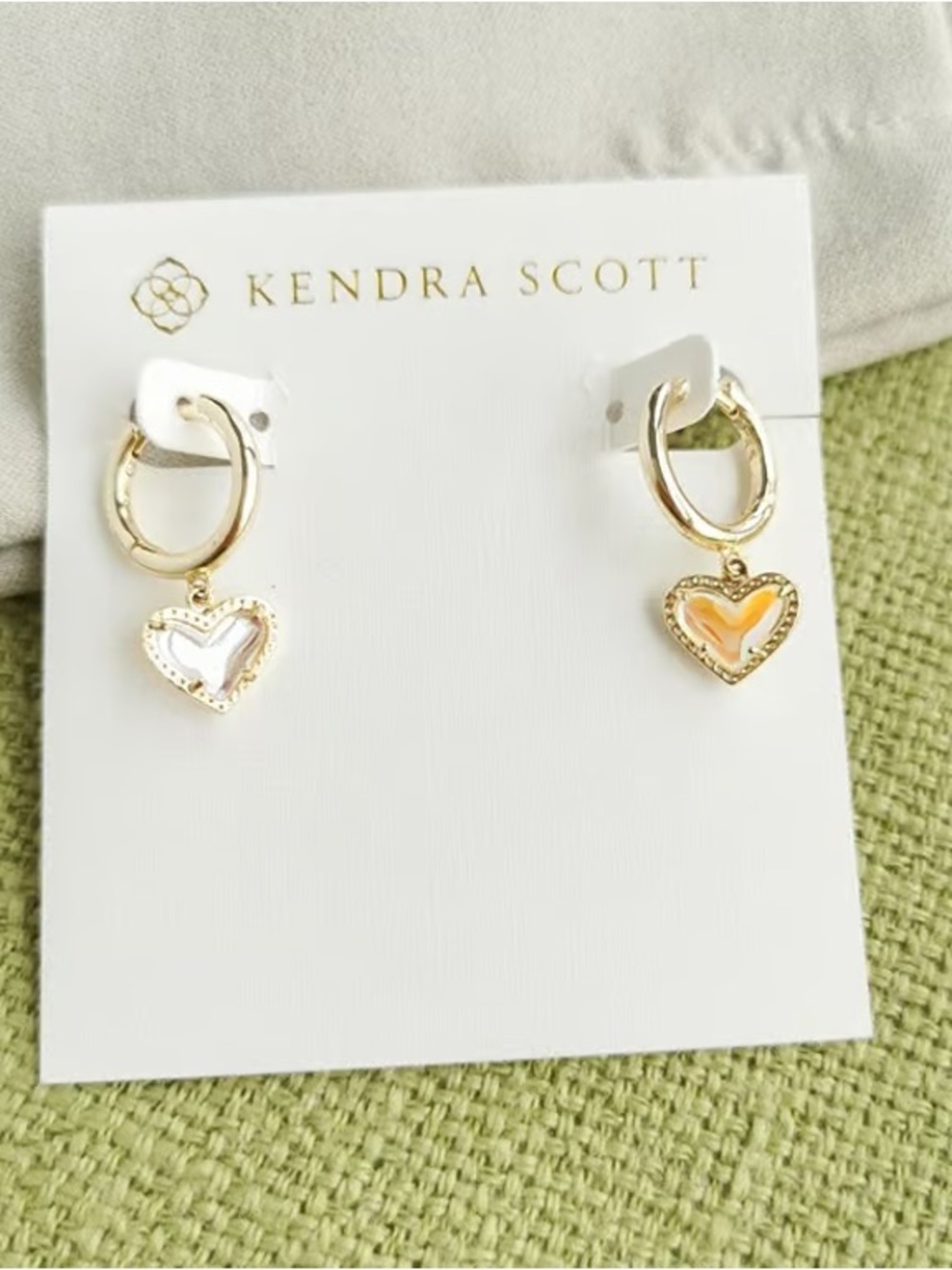 Kendra Scott Gold Hoop Earrings with White and Peach Heart Charms